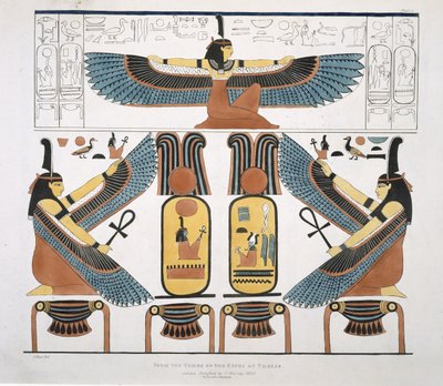 Muurschildering uit de Graven van de Koningen in Thebe, ontdekt door G. Belzoni, plaat 3 uit `Platen Illustratief voor de Onderzoeken in Egypte en Nubië`, gegraveerd door Charles Hullamandel, 1820-22 door J. Ricci